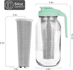 Cold Brew Coffee Maker，64 oz Wide Mouth Mason Jar Pitcher with Stainless Steel Filter, Pour Spout Handle Lid, Heavy Duty Glass Airtight & Leak-Proof for Iced Coffee Tea & Lemonade-Green
