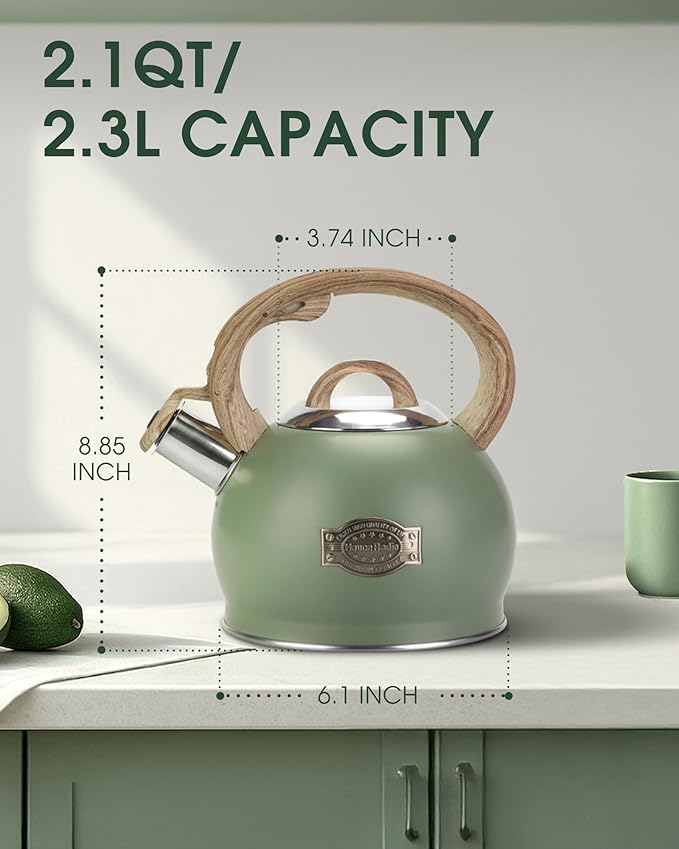 Hauce Radio Tea Kettle Stovetop, 2.1 Quart Stove Top Whistling Tea Kettle, Teapot Kettles with Food Grade Stainless Steel and Wood Pattern Folding Handle, Suitable for All Heat Sources
