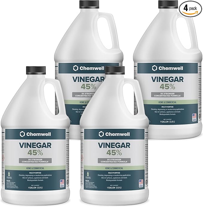 45% Vinegar 4 Gallons (4 Pack, 1 Gallon) - General Purpose All-Natural Multi-Surface Cleaner for Home, Patio & Commercial - High Performance, Powerful Concentrated Acetic Acid - Made in USA