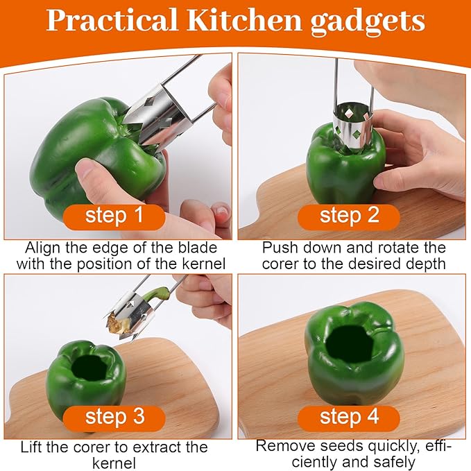 Yuanchu 3 Pcs Bell Pepper Seed Corers, Stainless Steel Corer Tool Multifunctional Fruit and Vegetable Corer for Bell Pepper, Pear, Practical Kitchen Gadget for Core and Seed Removal