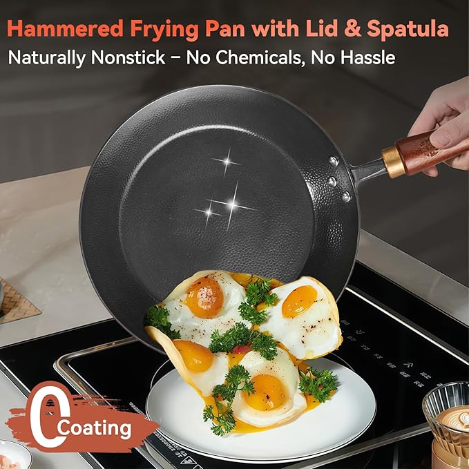WANGYUANJI 10.2" Iron Skillet with Glass Lid & Spatula, Flat-Bottom Hand-Hammered Frying Pan, Uncoated & Unseasoned Small Iron Wok for Induction, Gas & Electric Stoves