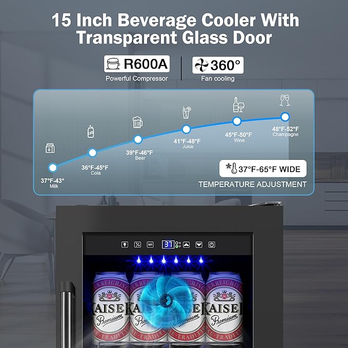 Beverage Refrigerator Cooler, 15 Inch 130 Cans Under Counter Refrigerator Beer Fridge with Glass Door, Adjustable Shelves and LED Light, Bulit-in Soda Fridge for Bedroom Office Bar