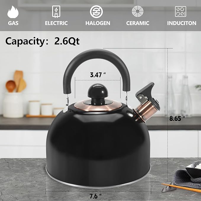 Tea Kettle,Whistling Tea Kettle Stovetop 2.6 Quart, Tea Pots for Stove Top Food Grade Stainless Steel,Wood Pattern Handle(Black),With Anti Scald Towel