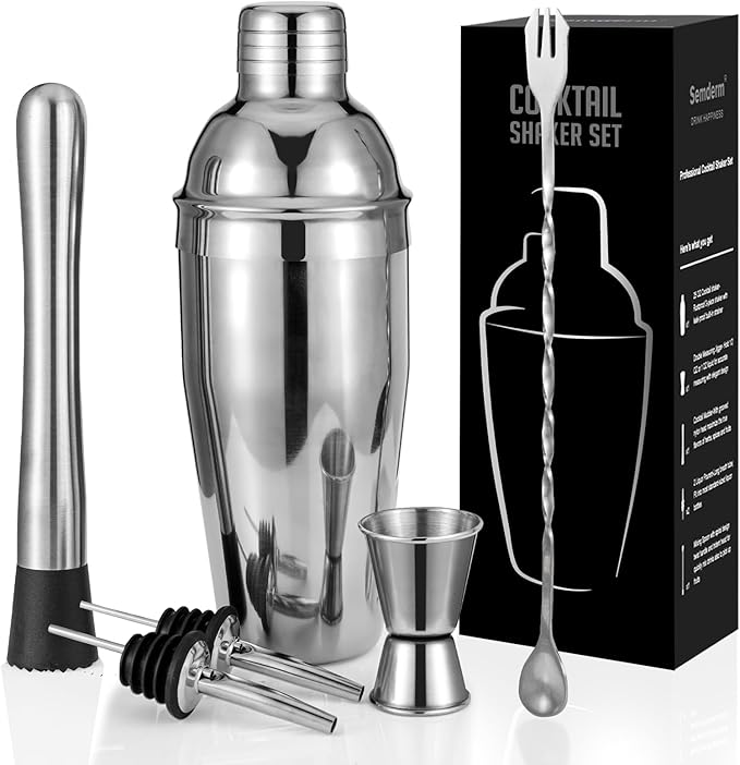 Cocktail Shaker Set, 6-Piece 18/8 Food-Grade Stainless Steel Mixology Bartender Kit - Premium Bar Tools with Muddler, Jigger, Spoon & Pourers - Rust-Proof, Leak-Proof & Dishwasher Safe Gift for Men