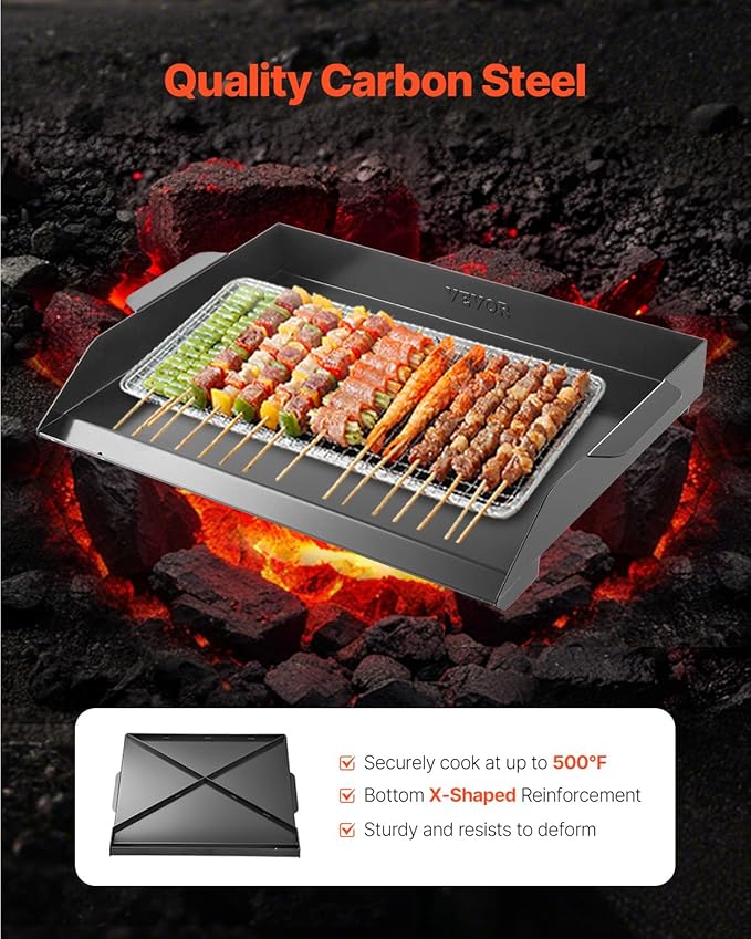 VEVOR Carbon Steel Griddle, 20x16 inch Universal Flat Top Rectangular Plate, Gas Grill Griddle for BBQ Grill, Teppanyaki, Portable Family Cookware, for Camping Tailgating Party