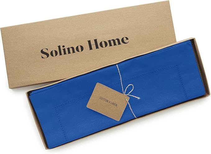 Solino Home Blue Placemats Set of 4 - Cotton Linen Hemstitch Placemats 14 x 19 Inch for Holiday, New Year