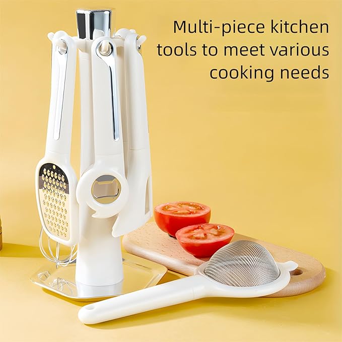 7-Piece Kitchen Gadget Set, Stainless Steel Cooking Utensils Set with Holder, 7-Pieces All Metal Kitchen Utensils, 11.4’’ Long Kitchen Tools with Countertop Rotating Stand (Blue)