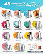 RFAQK 74 PCs Icing Piping Bags and Tips Set, Cake Decorating Kit with 48-Numbered Piping Tips, Anti Burst Pastry Bags for Cookie Cupcake Cake Decoration, Cake Decorating Tips Set with Booklet & E-book