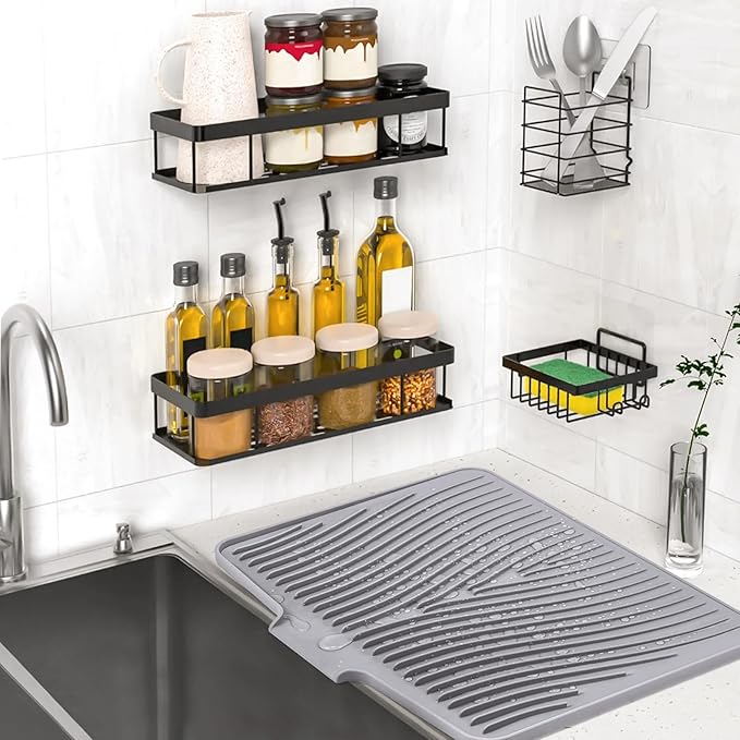 TIKNIK Silicone Dish Drying Mat, Stone Drying Mat for Kitchen Counter with Built-In Drain, Non-Slip Drain Pad with Built-in Drain, Heat Resistant Stone Drying Mat, Hangable, Grey-2pcs, 20" x 15"