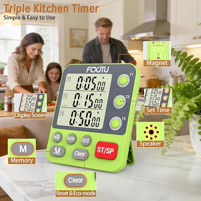 FCXJTU Digital Dual Triple Kitchen Timer, 3-Channel Magnetic Countdown Timer for Cooking, Large Display Stopwatch Multi Food Classroom Timer Loud Alarm for Seniors Teachers Battery Included (Green)