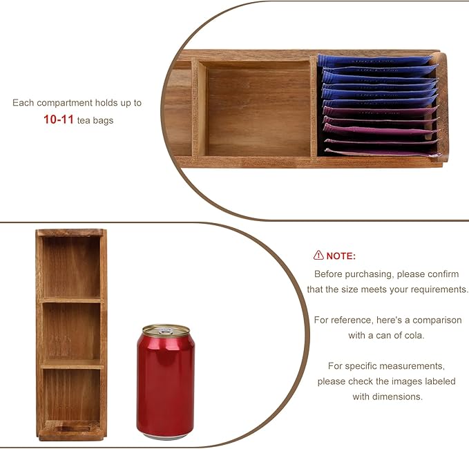HTB Small Wooden Tea Bag Box 2PCS, 3 Compartments Acacia Wood Tea Bag Chest with Handle, Mini Countertop Divided Storage Container for Beverage Supplies, Sugar, Sweeteners, Individual Packets