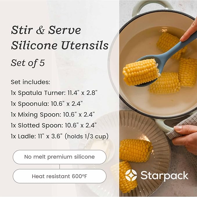 Starpack 'Stir & Serve' Silicone Cooking Utensils Set (5 Pcs) - 10.5" - Kitchen Utensil Set Heat Resistant to 600°F - Kitchen Utensils for Nonstick Cookware - Silicone Utensil Set for Mixing & Cooking