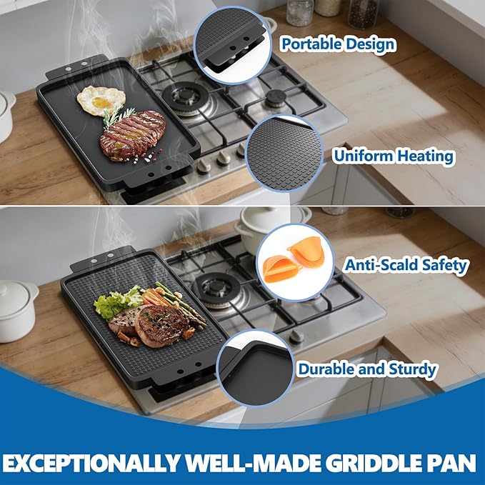 SafBbcue Upgraded 2-IN-1 Reversible Cast Iron Griddle, 17.5 x 10.8 Inch Griddle Pan with Silicone Cooling Handle, Griddle for Gas Stove, Electric, Flat Top, Portable for Stovetop or Outdoor Camping