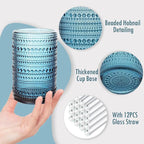 Hobnail Drinking Glasses with Straws, 15oz&12oz Vintage Glassware Set of 12, Blue Hobnail Glassware Embossed Vintage Water Cups, Highball Glasses for Cocktail,Whiskey,Beer and Juice