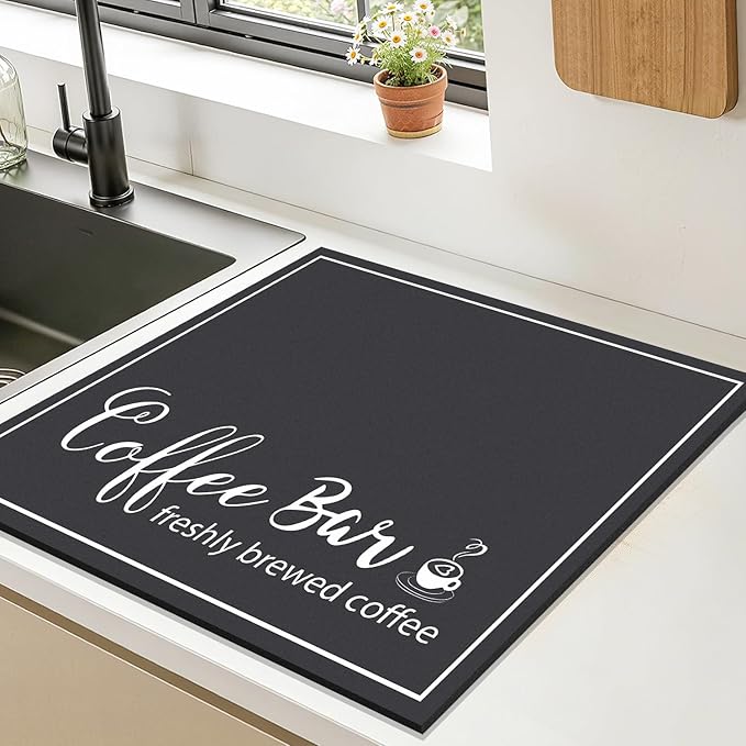 Findosom Dish Drying Mat, 16" x 18" Super Absorbent & Hide Stain Coffee Mat, Cuttable Drying Mat for Kitchen Counter, Coffee Bar Accessories, Under Dish Rack, Coffee Maker, Espresso Machine, Black