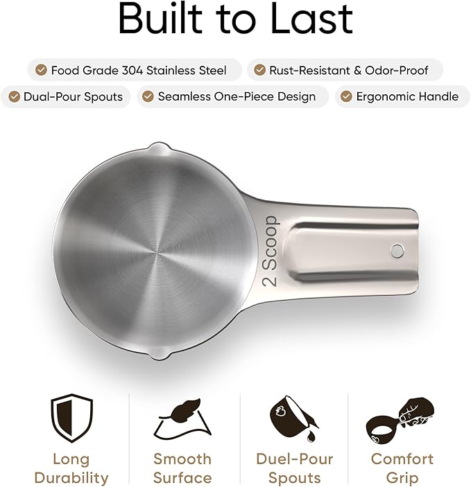 Color Up 2 Scoop (2 Cup / 480 ml) Stainless Steel Pet Food Measuring Scoop for Dogs, Cats, Rabbits & Birds – Dual Pour Spouts, Ergonomic Handle, Dishwasher Safe