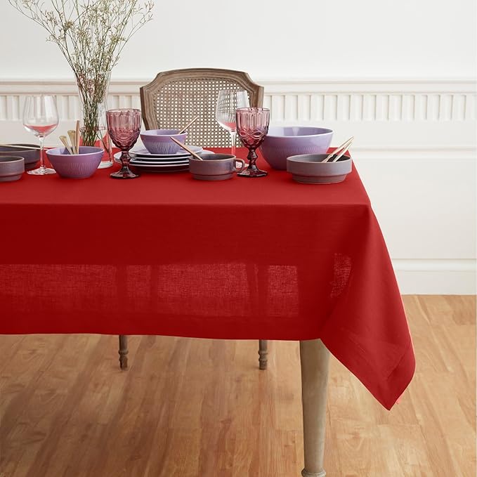 Solino Home Linen Red Tablecloth 60 x 84 Inch - 100% Pure Linen Rectangular Tablecloth - Machine Washable Table Cloth for Christmas, Holiday, Winter, New Year - Fete