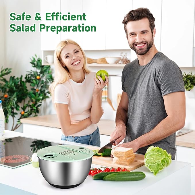 Stainless Steel Salad Spinner with Slicer Set, 5 Qt Large Rotation Vegetable Washer, 5 Interchangeable Slicers, Egg Separator, Anti-Slip Base Lettuce Bowl for Salad & Meal Prep