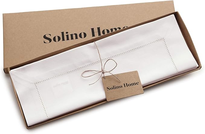 Solino Home White Placemats Set of 4 - Cotton Linen Hemstitch Placemats 14 x 19 Inch for Winter, Valentines, Holiday, New Year