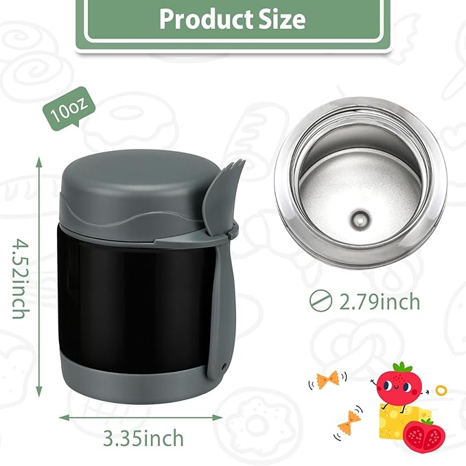 Howeemo 10oz Soup Thermo for Hot Food Kids,Lunch Kids Jar with Spoon Insulated Containers,Leak Proof Stainless Steel Wide Mouth Lunch School(Black)