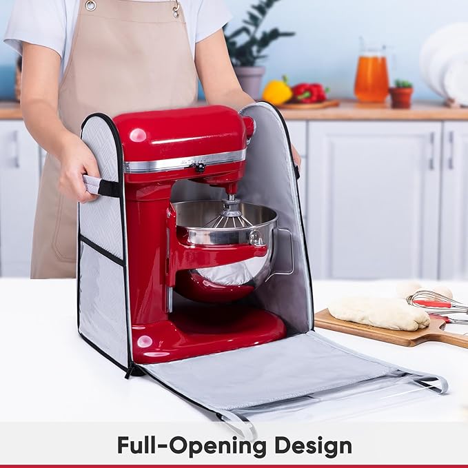BAGSPRITE Full Open Stand Mixer Cover with Slider Base Compatible with KitchenAid 6-8 Qt Bowl-Lift Mixers – Dustproof Quilted Kitchen Aid Mixer Cover with Pockets for Accessories & Attachments