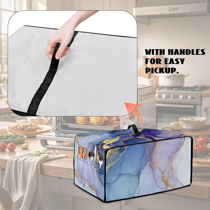 Marble Print Toaster Oven Dust Cover, Heavy Duty Heat-Resistant Cover for Kitchen Counter Small Appliances, with Accessory Pockets, Blue Violet Gold, (Medium-16.1*19.71*10 inches)