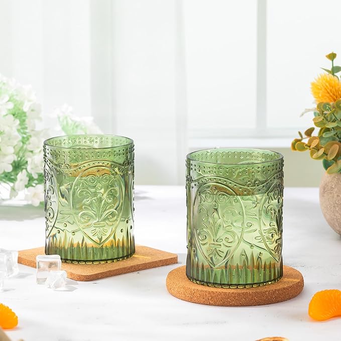 Qinyoung 100 Plastic Vintage Drinking Glasses 8.5oz Stemless Retro Embossed Wine Glasses Shatterproof Reusable Cups for Baby Shower Wedding Reception Grand Event Party (Dark Green)