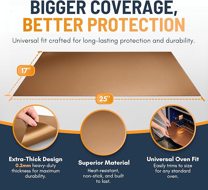 Oven Liners for Bottom of Oven - 4 Pack Large Heavy Duty Mats, 17”x25” Non-Stick Reusable Liner for Electric, Gas, Toasters, Grills - BPA & PFOA Free Kitchen Accessory to Keep It Clean (Copper)
