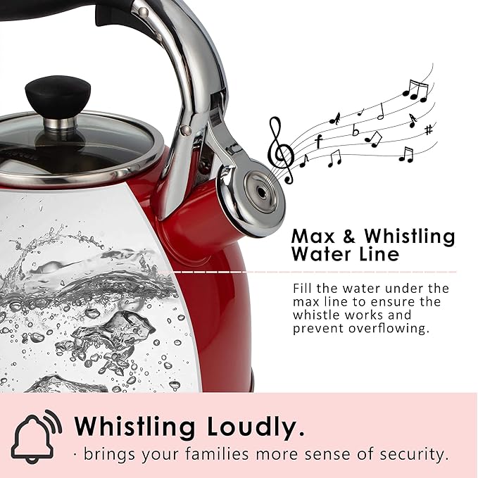 Rorence Whistling Tea Kettle: 2.5 Quart Stainless Steel Kettle for Stove Top with Capsule Bottom & Heat-resistant Glass Lid (Red)