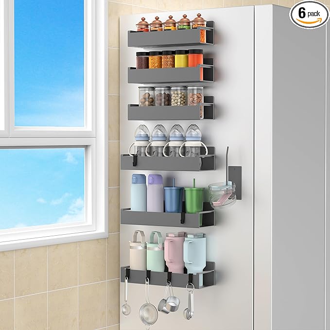 Magnetic Water Bottle Holder for Refrigerator, Cup Holder Organizer for Stanley and Tumbler for Kitchen, 6 Pack, Dark Gray