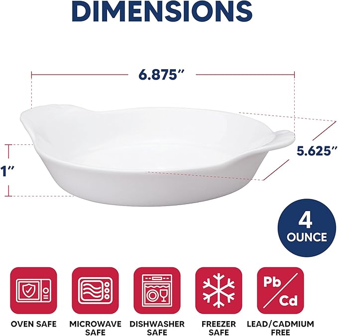 HIC Kitchen Round Au Gratin Baking Dish Set, Fine Porcelain, 4-Ounce, Set of 6