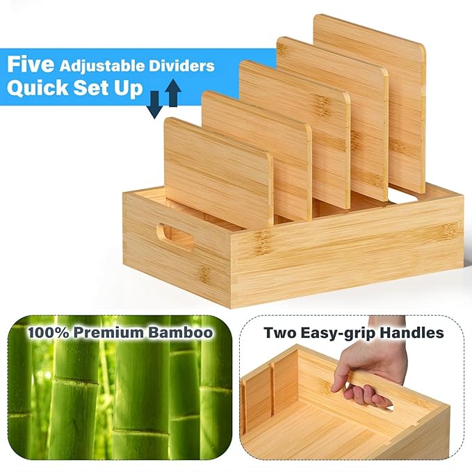 Bamboo Lid Organizers Inside Cabine, Kitchen Cabinet Organizer with 5 Adjustable Dividers, Food Container Plastic Holders for Drawer Pantry, Nature