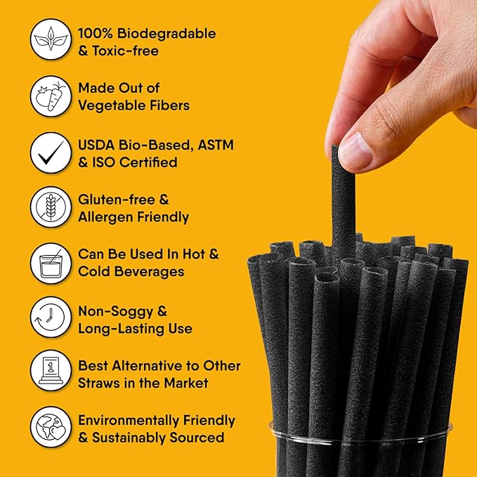 The Veggie Straws – 450 PCS of 4.75 Inches Unwrapped Black Biodegradable Drink Stirrers – Made of Vegetable Fibers, Best Cocktail Stirrers for Drinks of All Kinds