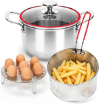 Deep Fryer Pot with Basket, 4.0L/4.2QT 304 Stainless Steel Standard Capacity Multi-function Cooking Pot with Strainer Basket, Anti-scald Handle, Egg Steamer Rack and Lid for Kitchen Camping