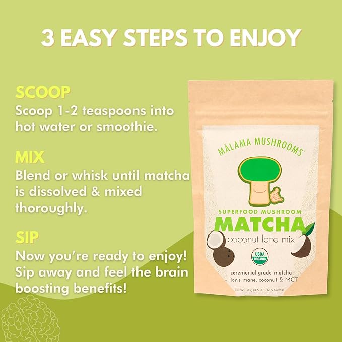 Malama Ceremonial Grade Matcha Coconut Latte Powder – Premium Japanese Matcha Green Tea Powder with Organic Lion’s Mane – Organic, Gluten-Free, Vegan & Unsweetened (3.5 oz) for Energy & Focus