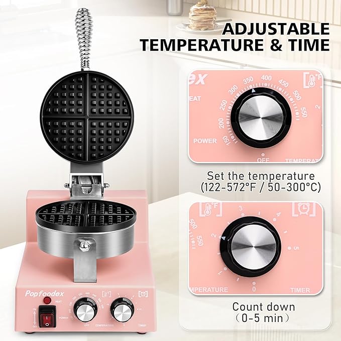 Commercial Waffle Maker for Restaurant, 110V Electric Waffle Maker w/Non-stick and 122–572°F Adjustable Temp, 1200W Profession Waffle Iron with Timer and Heavy Duty, Hotel Waffle Machine