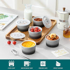 vancasso 6 oz Ramekins with Lid, Porcelain Creme Brulee Souffle Dishes,Set of 6, Grey Pudding Custard Cups Ramiken for Baking, Dishwasher and Oven Safe