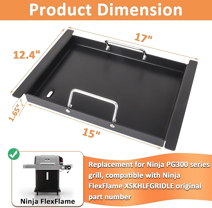 Half Griddle for Ninja FlexFlame Grill Parts, Carbon Steel Griddle Insert for Ninja FlexFlame PG300 Grill Accessories, Compatible with Flex Flame Griddle Plate Part XSKHLFGRIDLE