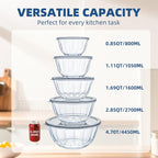 Luvan 5-Piece Glass Mixing Bowls Set with Lids - Clear Salad Bowls with Lids Set, Diamond Pattern Large Glass Mixing Bowl for Baking Prep, Serving & Storage