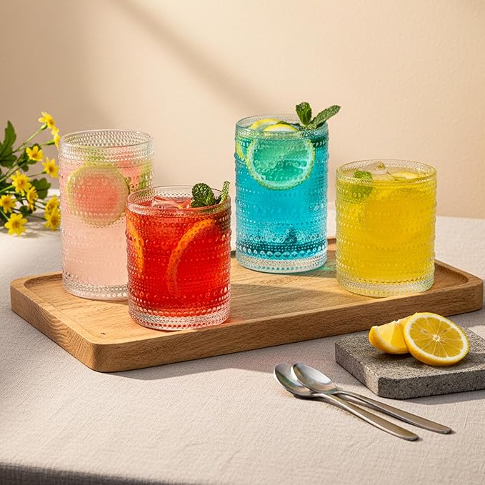 Moretoes 4 Pack Hobnail Drinking Glasses Set, 12 Oz Highball Glasses & 10 Oz Cocktail Glasses, Clear Embossed Water Glass Cups Kitchen Bar Tumbler Glassware Set for Whiskey, Beer, Juice, Milk