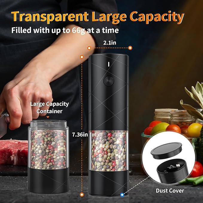 1Pc Electric Salt and Pepper Grinder USB Rechargeable with Warm LED Light, Adjustable Coarseness Lidaop Large Capacity Automatic Salt Pepper Mill Shakers for Kitchen, Restaurant, Outdoor, Black