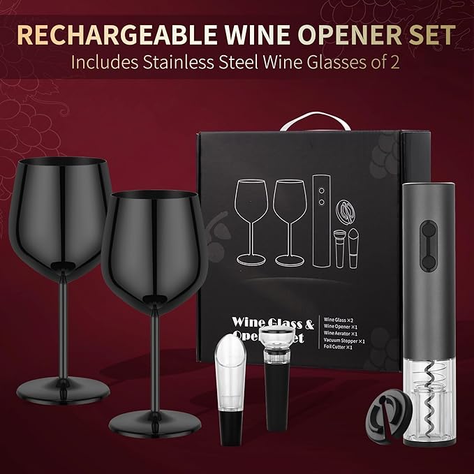 Electric Wine Opener Set Rechargeable, Automatic Corkscrew Set, Including Black Metal Wine Glasses of 2, Stainless Steel Wine Goblet, Ideal Gift for Wedding, Wine Lover, Birthday, Girl, Men