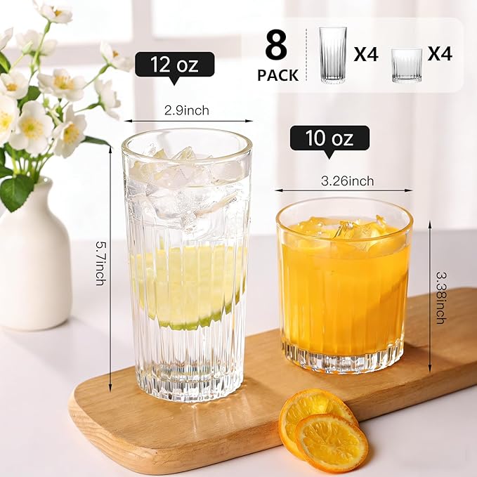 Laerjin Drinking Glasses Set of 8, 12 oz Highball Glasses & 10 oz Cocktail Glasses Set, Ribbed Glass Cups,Thick Glass Cups, Kitchen Water Glasses Cup, Bar Tumbler Glassware for Beer, Whiskey(Clear)