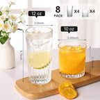 Laerjin Drinking Glasses Set of 8, 12 oz Highball Glasses & 10 oz Cocktail Glasses Set, Ribbed Glass Cups,Thick Glass Cups, Kitchen Water Glasses Cup, Bar Tumbler Glassware for Beer, Whiskey(Clear)