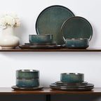 E-far Dinnerware Sets for 8, 24-Piece Stoneware Plates and Bowls Set, Ceramic Dishes Reactive Glaze Dinning Ware, Microwave & Dishwasher Safe - Obsidian Green