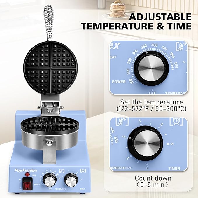Commercial Waffle Maker for Restaurant, 110V Electric Waffle Maker w/Non-stick and 122–572°F Adjustable Temp, 1200W Profession Waffle Iron with Timer and Heavy Duty, Hotel Waffle Machine