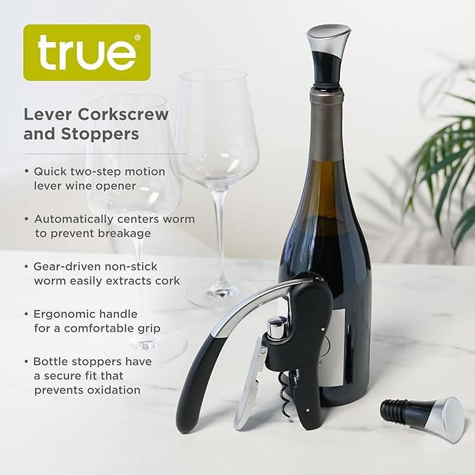 True Lever Corkscrew Manual Stoppers Top-Notch Cork Bottle Opener with Ergonomic Handle and Wine Preserver, Set of 3, Black
