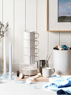 LE TAUCI Stackable Cappuccino Cups 6 oz with Saucers and Stand, Ceramic Embossed Coffee Mugs for Espresso Au Lait, Latte, Cafe, Mocha,Tea, Dishwasher Oven Safe - Set of 4, Arctic white