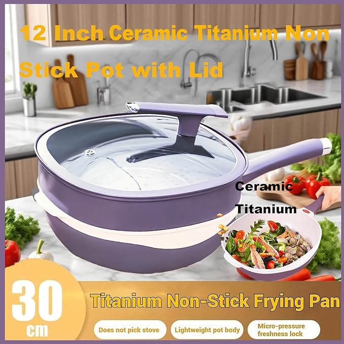 12in Titanium Alloy Non-Stick Pot with Lid with Steamer 2026 Upgrade Titanium Pot Titanium Frying Pans Nonstick Titanium Pots and Pans, Nonstick Frying Pan Cookware Sets