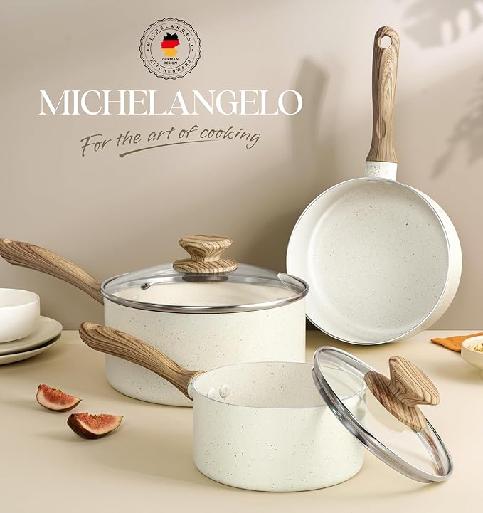 MICHELANGELO Saucepan Set with Lid, Nonstick Sauce Pan Sets with Granite Coatings, Non-Toxic Sauce Pot Sets of 3, Induction Compatible, 1Qt, 2Qt & 3Qt, White